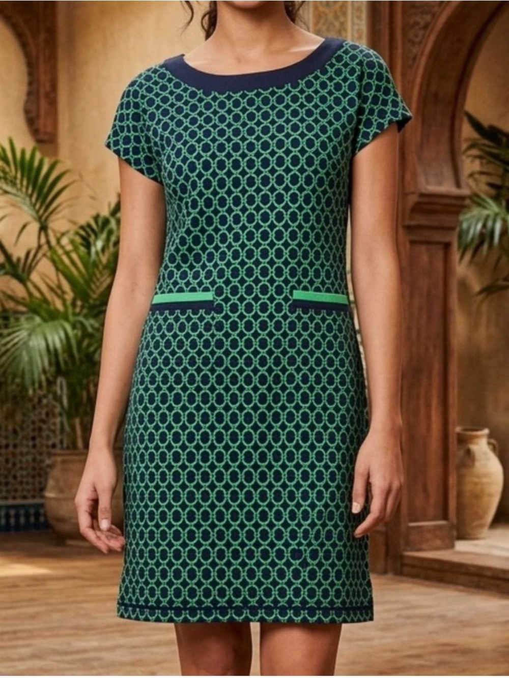 Talbots Green and Navy Patterned Knit Mini Dress